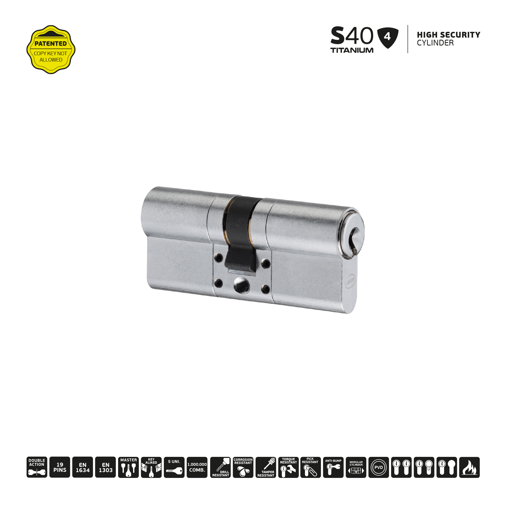 Cilindro de alta seguridad IN.19.S40.120 Satinado